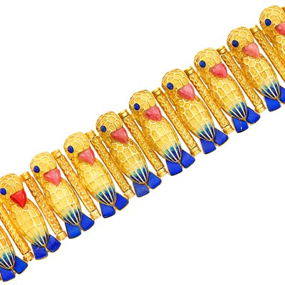 Lot 674 - Gold, Enamel, Lapis and Rhodochrosite Parrot Link Cuff Bracelet