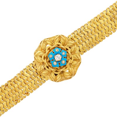 Lot 555 - Antique Gold, Turquoise Enamel and Diamond Bracelet