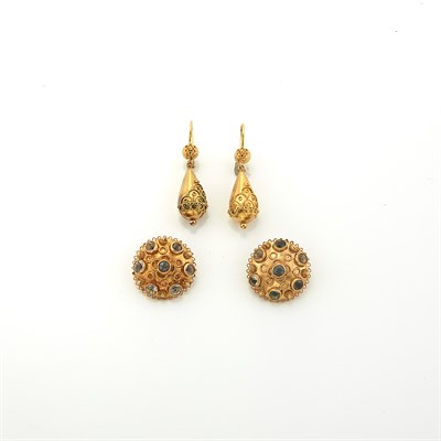 Lot 1443 - Two Pairs of Gold and Gem-Set Earrings and Earclips
