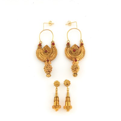 Lot 1116 - Two Pairs of Gold Pendant-Earrings