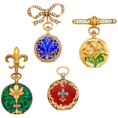 Lot 1758 - Four Antique Gold, Enamel, Diamond and Split Pearl Lapel Watches