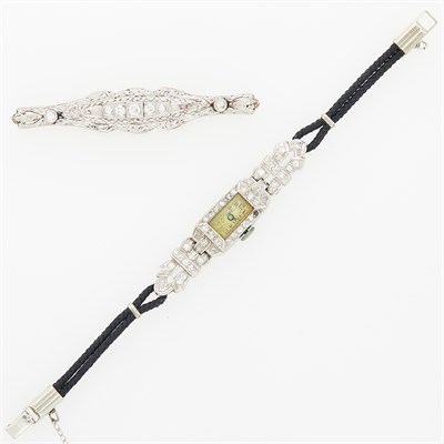 Lot 160 - Platinum and Diamond Wristwatch and Platinum-Topped Gold and Diamond Filigree Bar Pin