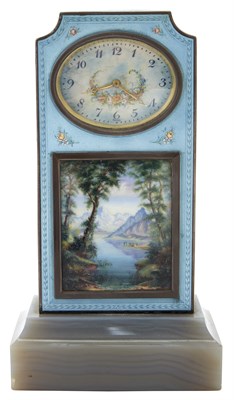 Lot 1053 - Swiss Silver, Enamel and Agate Desk Clock...