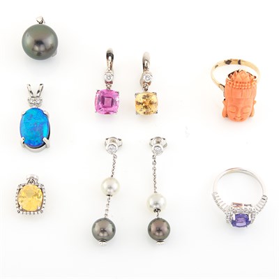 Lot 1536 - Pair of Cultured Pearl and Diamond Pendant-Earrings and Pendant, Mikimoto, and Group of Gold, Diamond and Gem-Set Jewelry