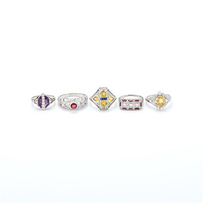 Lot 1483 - Five White Gold, Platinum, Diamond and Gem-Set Rings