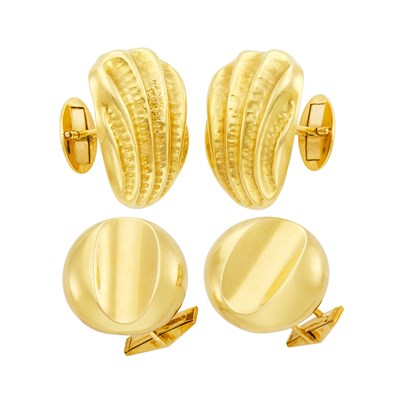 Lot 459 - Pair of Gold Clam Cufflinks and Gold Concave Cufflinks