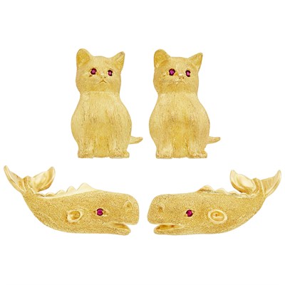 Lot 480 - Pair of Gold and Ruby Whale Cufflinks and Cat Cufflinks