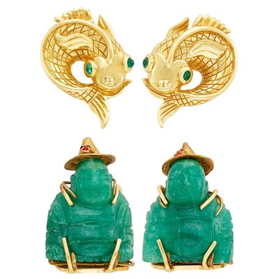 Lot 409 - Pair of Gold, Carved Aventurine Quartz and Simulated Ruby Buddha Cufflinks and Pair of Gold and Emerald Carp Cufflinks