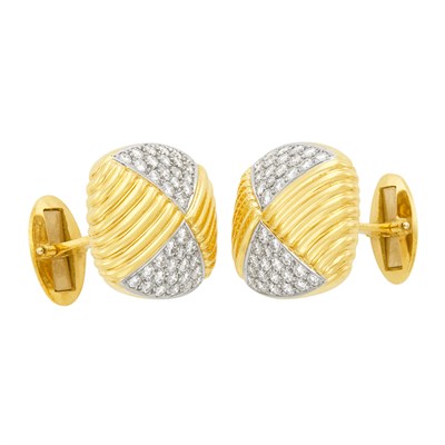 Lot 465 - Pair of Two-Color Gold and Diamond Cufflinks