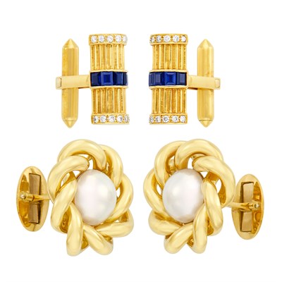 Lot 462 - Pair of Gold, Sapphire and Diamond Cufflinks and Gold and Mabé Pearl Cufflinks