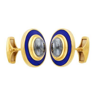Lot 454 - Pair of Gold, Hematite and Blue Enamel Cufflinks, Tiffany & Co.