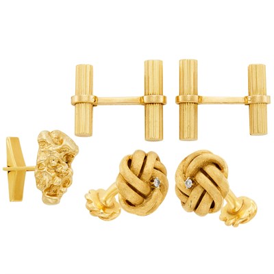 Lot 406 - Pair of Gold Cylinder Cufflinks, Tiffany & Co., Pair of Gold and Diamond Cufflinks and Single Nugget Gold Cufflink