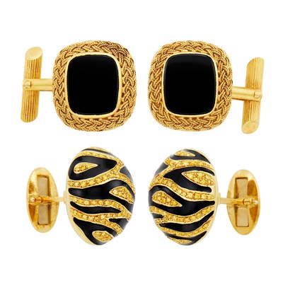 Lot 408 - Pair of Gold and Black Onyx Cufflinks and Gold, Black Enamel and Yellow Diamond Dome Cufflinks