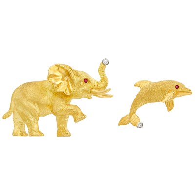 Lot 676 - Two Gold, Diamond and Ruby Elephant and Dolphin Pins