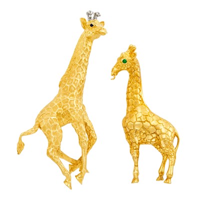 Lot 664 - Two-Color Gold and Diamond Giraffe Brooch, Tiffany & Co., and Gold Giraffe Brooch