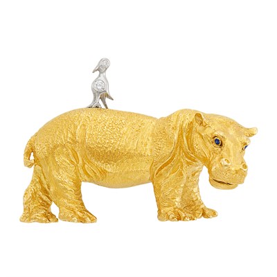 Lot 678 - Two-Color Gold and Diamond Hippopotamus and Oxpecker Bird Pin, Tiffany & Co.