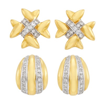 Lot 1040 - Two Pairs of Gold and Diamond Earrings and Earclips