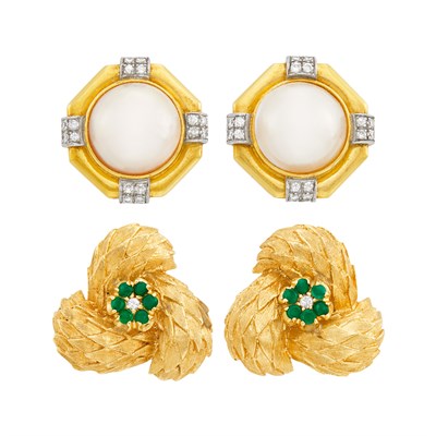 Lot 61 - Pair of Gold, Green Onyx and Diamond Earclips and Gold, Mabé Pearl and Diamond Earclips