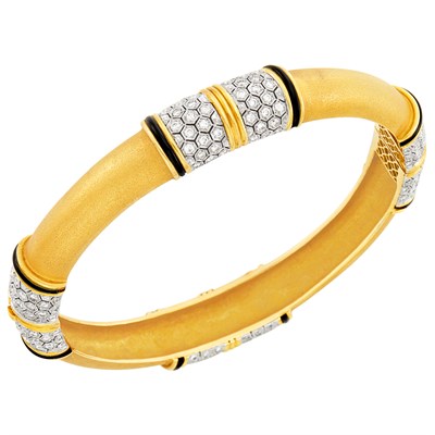 Lot 393 - Two-Color Gold, Diamond and Black Enamel Bangle Bracelet