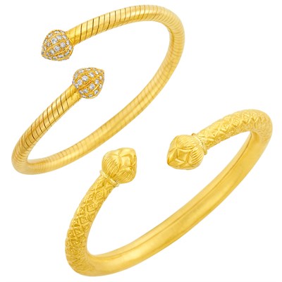 Lot 355 - High Karat Gold Bangle Bracelet and Gold and Diamond Bypass Bracelet