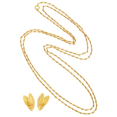 Lot 354 - Long Gold Chain Necklace and Pair of Hammered Gold Leaf Earrings