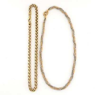 Lot 1777 - Two-Color Gold Mesh Necklace and Gold Chain Necklace