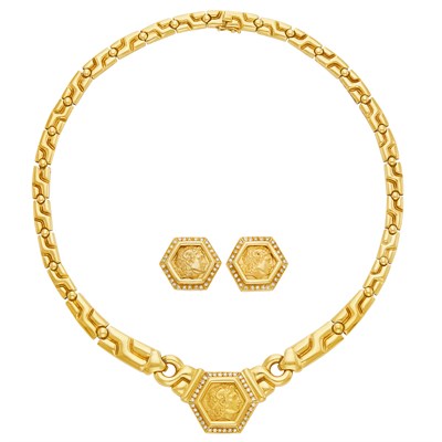 Lot 71 - Gold and Diamond Medallion Necklace and Pair of Earrings