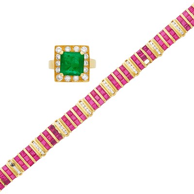 Lot 1323 - Gold, Ruby and Diamond Bracelet and Emerald and Diamond Ring