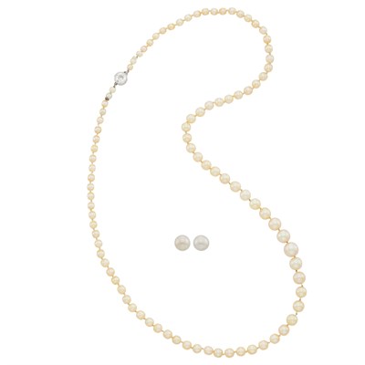 Lot 813 - Natural Pearl Necklace with Platinum and Diamond Clasp and Pair of Gold and Natural Pearl Stud Earrings