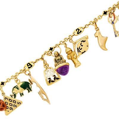 Lot 1037 - Gold, Enamel and Gem-Set Charm Bracelet