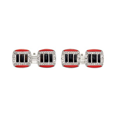 Lot 177 - Pair of Platinum, Black Onyx, Diamond and Coral Cufflinks, Palais Royal