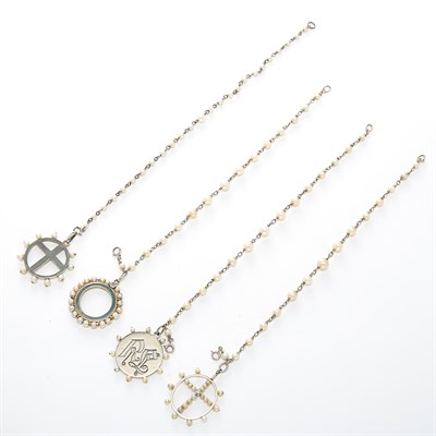 Lot 1635 - Four Yellow and White Gold and Pearl Bracelets