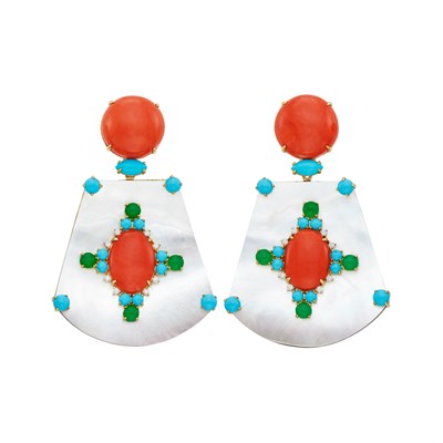 Lot 709 - Pair of Gold, Mother-of-Pearl, Coral, Turquoise, Chrysoprase and Diamond Pendant-Earclips