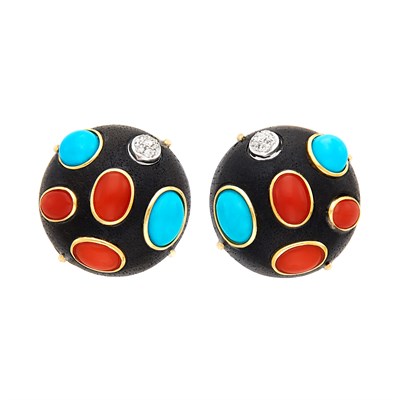 Lot 364 - Pair of Gold, Wood, Coral, Turquoise and Diamond Bombé Button Earclips