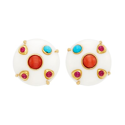 Lot 279 - Pair of Gold, White Agate, Coral, Turquoise and Cabochon Ruby Earclips