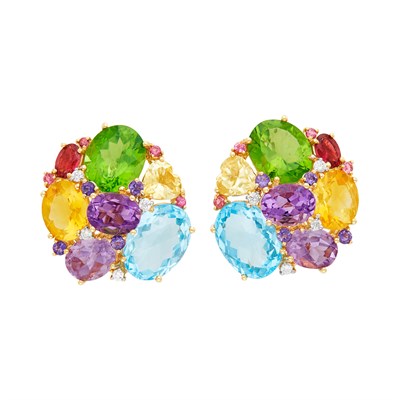 Lot 650 - Pair of Gold, Gem-Set and Diamond Earclips