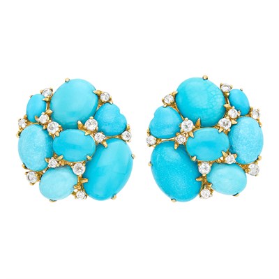 Lot 782 - Pair of Gold, Turquoise, Aquamarine and Diamond Cluster Earclips