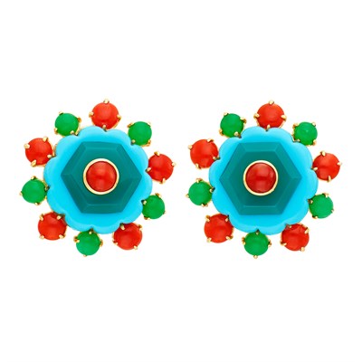 Lot 276 - Pair of Gold, Carved Reconstituted Turquoise, Coral, Green Onyx and Green Chrysoprase Earclips