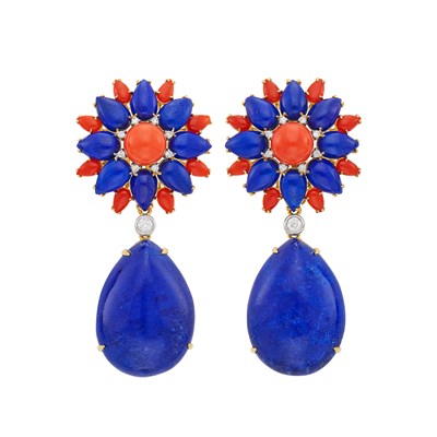 Lot 25 - Pair of Gold, Lapis, Coral and Diamond Pendant-Earclips