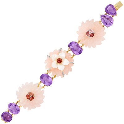 Lot 512 - Gold, Carved Rose Quartz and Mother-of-Pearl, Amethyst, Pink Tourmaline and Diamond Bracelet