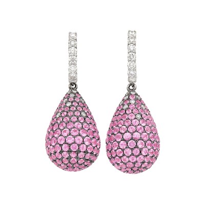 Lot 513 - Pair of White and Blackened Gold, Pink Sapphire and Diamond Pendant-Earrings