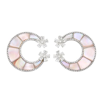 Lot 203 - Pair of White Gold, Mother-of-Pearl and Diamond Hoop Earrings