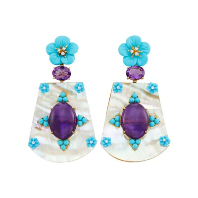 Lot 514 - Pair of Gold, Abalone Shell, Turquoise, Amethyst and Diamond Pendant-Earclips