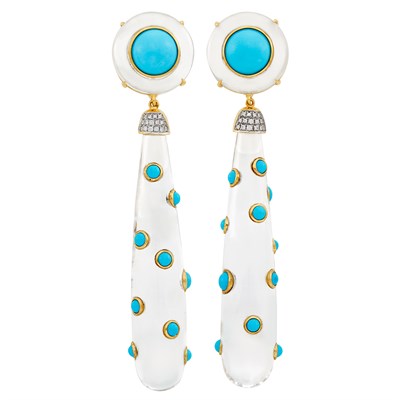 Lot 605 - Pair of Gold, Rock Crystal, Turquoise and Diamond Pendant-Earclips