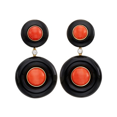 Lot 691 - Pair of Gold, Black Onyx, Coral and Diamond Pendant-Earclips