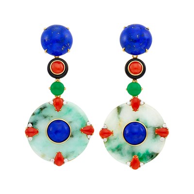 Lot 95 - Pair of Gold, Jade, Lapis, Coral, Black Onyx, Green Onyx and Diamond Pendant-Earclips