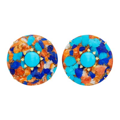 Lot 356 - Pair of Gold, Lapis, Coral and Turquoise Aggregate, Turquoise and Yellow Diamond Earclips