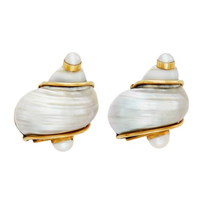 Lot 32 - Pair of Gold, Shell and Cultured Pearl 'Turbo Shell' Earclips, Seaman Schepps
