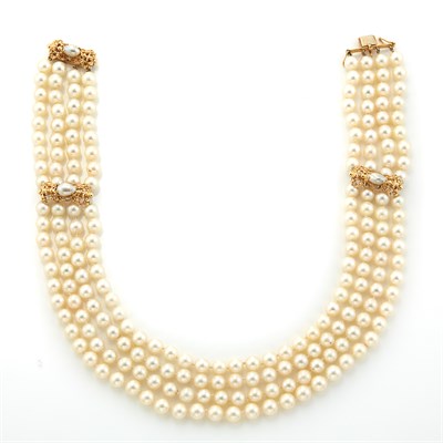 Lot 1453 - Triple Strand Cultured, Freshwater Pearl and Gold Necklace