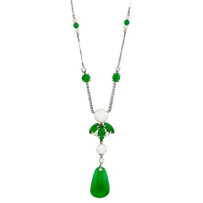 Lot 803 - Platinum, Jade, Freshwater Pearl and Diamond Necklace
